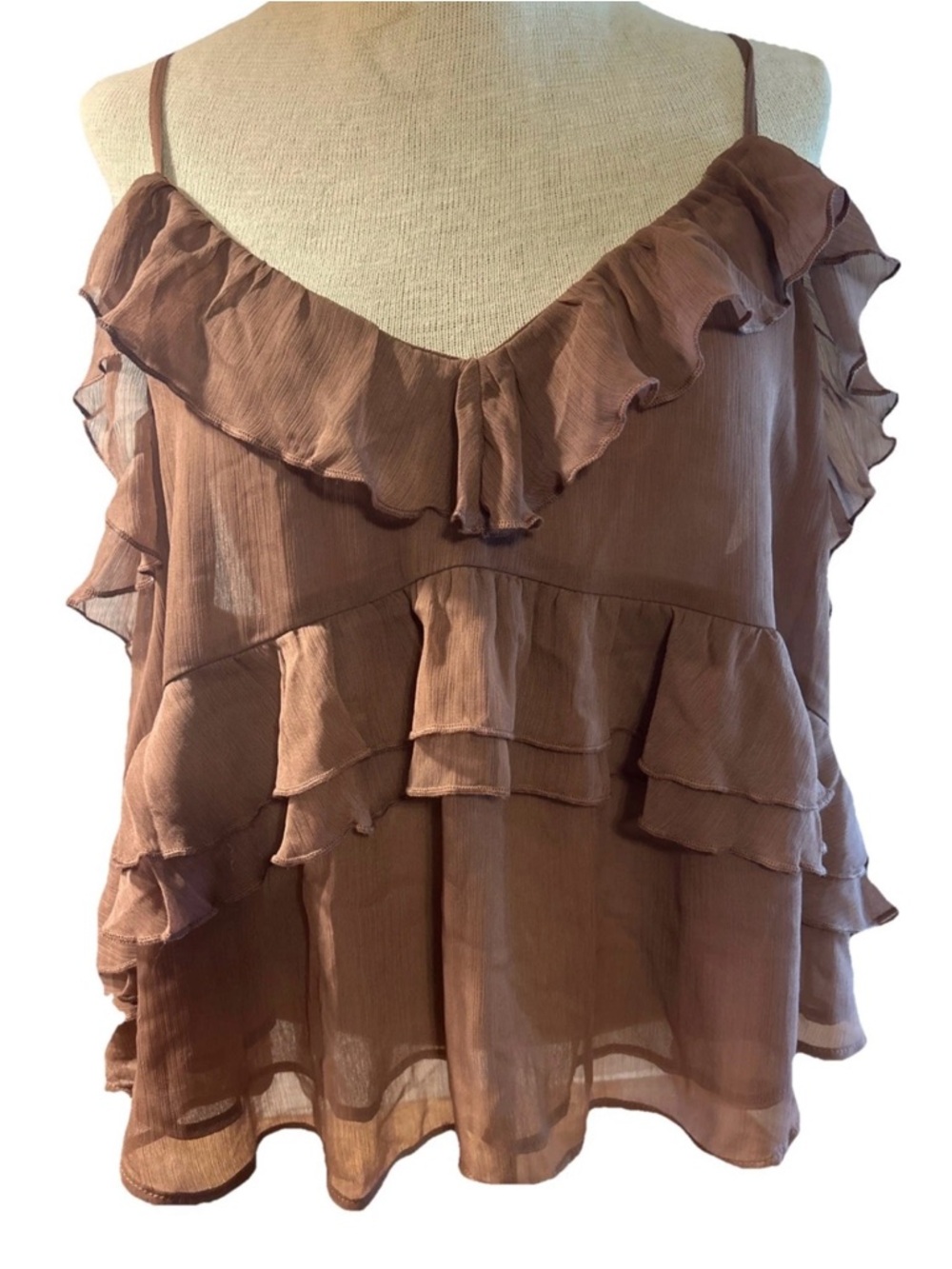 Old Navy Babydoll Ruffle Top Size XL Brown Adjustable Spaghetti Straps